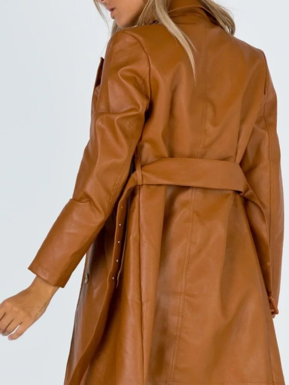 Princess Polly Brown Faux Leather Belted Trench Coat - S/M - Picture 4 of 7